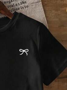 Camiseta de Mujer con Estampado de Lazo, Camiseta Casual de Verano con Cuello Redondo y Manga Corta para Mujer, Tops para Mujer - Negro - Ver 5