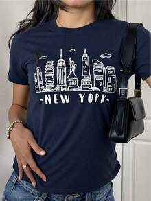 Women's T-Shirts With New York And Paris Print, Classic Short Sleeve Cut, Soft And Lightweight Fabric, Casual Urban Style, Comfortable And Versatile For Daily Looks And Modern Outfits. - 藍色 - 查看 9