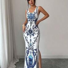 Elenzya Exquisite Printed Chinoiserie Waist-Cinching Slit Luxurious Retro Middle Eastern UAE Style Robe, Tight Fit, Multi-Color, Sleeveless, High-Quality Material Luxury Dresses For Women Best Selling Dresses Club Outfits For Women Dress Long Dresses For Women Bodycon Bodycon Dress Women - Multicolor - Ver 5