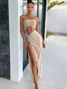 Women Dress, Sleeveless Sequined Patchwork Slimming Casual Club Party Wrapped Dress - Albaricoque - Ver 1