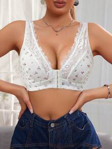 Bộ đồ lót nữ họa tiết hoa nhí ngọt ngào với ren cài phía trước, gồm áo ngực và quần lót. - trắng - Xem 5