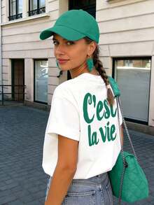 Women's Short-Sleeved T-Shirt With Front And Back Print, European And American Style Letter Design, Round Neck, Loose Fit Top, Sexy, Sweet And Cute For Summer/Spring, Simple And Fashionable Design T-Shirt, Suitable For Dates And Dinners, Urban Style For Women, Casual Short-Sleeved Graphic T-Shirts For Easter, Mother's Day And The 2026 World Cup, Breathable And Comfortable. - 白色 2 - 查看 5