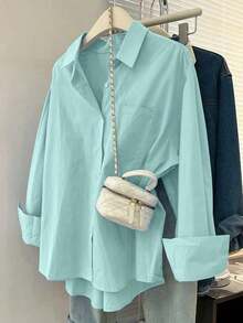 Camisa casual de mujer de unicolor, de manga larga, de un solo pecho y con bolsillo - verde menta - Ver 6