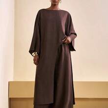 2026 Spring/Summer New Casual Commuting Loose Linen Material Brown Bat Sleeve Irregular Hem Blouse + High Waist Wide-Leg Pant Women Two Pieces Set, Suitable For Christmas, New Year, Daily Travel, Festivals, Shopping, Travel, Brunch Clothes, Airport Clothes, Party, Dates,Back To School-Z - Verde militar - Ver 7
