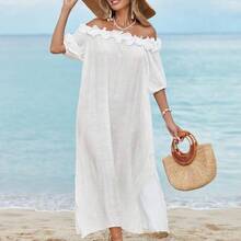 Swim Vcay Women's Ruffled Off Shoulder Mid-Calf Beach Dress, Sexy Beach Dress, Lantern Sleeve Wedding Guest Slit Flowing Dress For Summer Beach Vacation - Negro - Ver 6