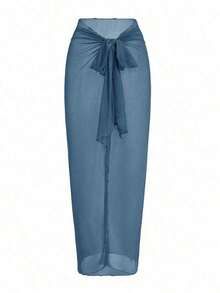 Traje de baño de una pieza de unicolor, asimétrico en el hombro, de moda para el verano y la playa, de estilo minimalista - Azul - Ver 4