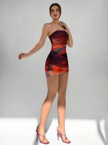 Vestido casual, elegante y sexy de estampado abstracto marrón café, tipo bandeau y ajustado, apropiado para el verano, vacaciones y fiestas - Multicolor 2 - Ver 3