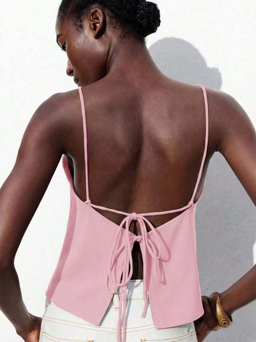 Blusa sin mangas con lazo ajustable, elegante para fiesta, oficina, viajes, casual, romántica, adecuada para invitados de boda, anfitriones, citas, fiestas, conciertos, desayunos, aeropuerto, vacaciones de verano - Rosa - Ver 1