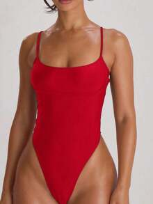 Resort Traje de baño con cuello recto, tirantes y corte alto en la pierna, tipo cheeky.Traje de baño básico unicolor para vacaciones, verano y viajes a la playa. - Rojo - Ver 2