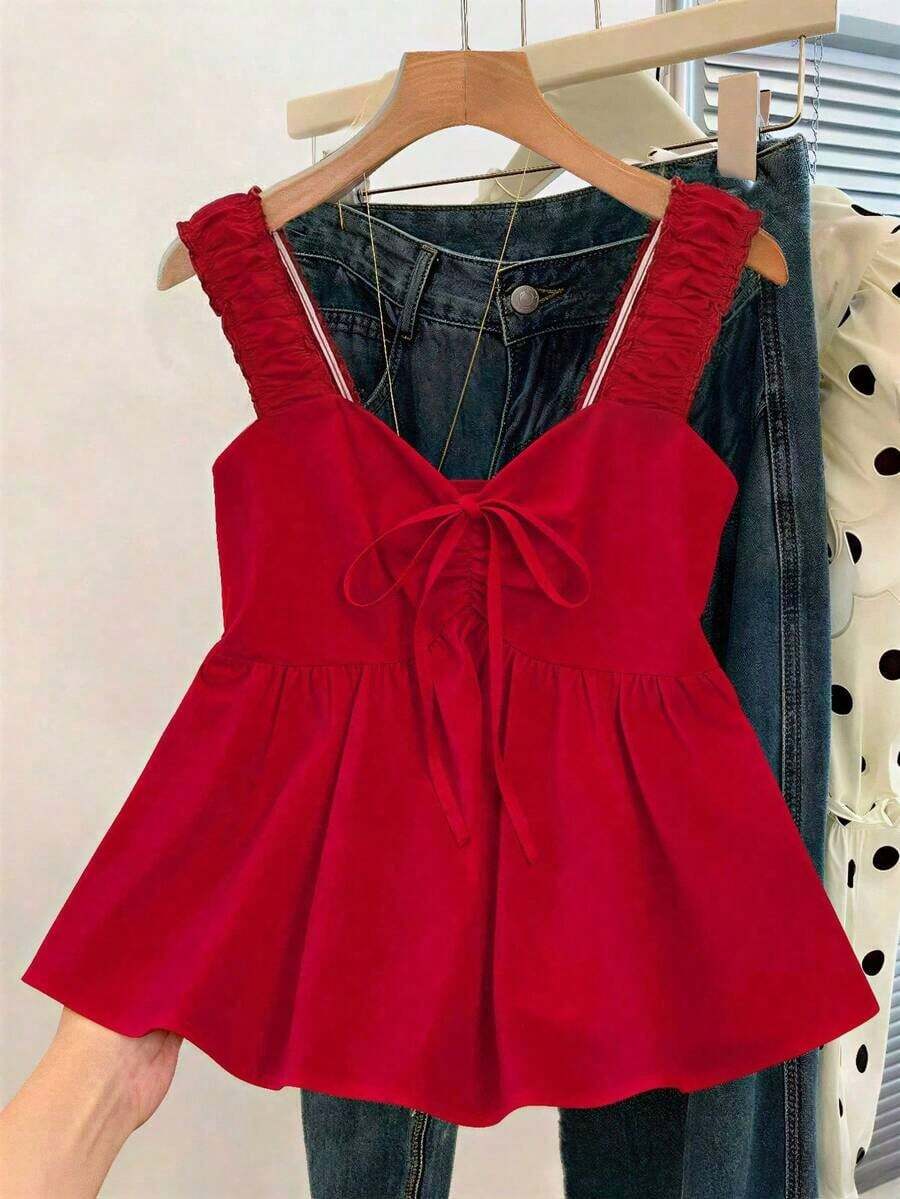 Blusa de estilo vintage para vacaciones con estampado de lunares, fruncida y con nudo delantero, para verano - Rojo - Ver 1
