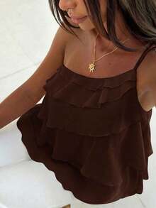 Nueva blusa elegante y romántica de primavera/verano para citas, Día de San Valentín, temporada de bodas, de gasa rosa con un hombro, espalda descubierta, volantes en capas, blusa sexy con volantes para la playa, atuendo de boda, camisa rosa elegan - Marrón - Ver 8