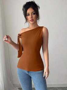 Camiseta de tirantes finos de unicolor elegante para mujer, para el verano - Marrón - Ver 5