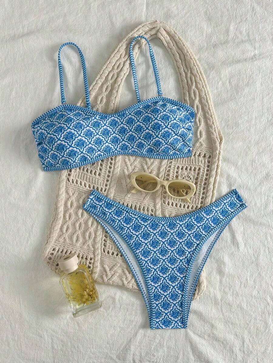 Set de 2 piezas Bikini bandeau con estampado floral rosa para mujer, con tirantes desmontables adecuado para vacaciones en la isla y sesiones de fotos en la playa en verano - Multicolor 4 - Ver 1