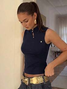 Chaleco de estilo chino retro con cuello negro para mujer - Azul marino - Ver 3