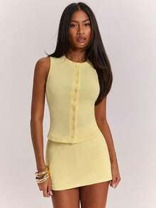 2-Piece Set: Summer Casual Striped Knit Top And Low-Waisted Mini Skirt, Suitable For Brunch, Going Out, Dates, Commuting, Cruise Vacations, Ideal For Women's Ibiza Holidays, Yellow Set - 黃色 - 查看 5