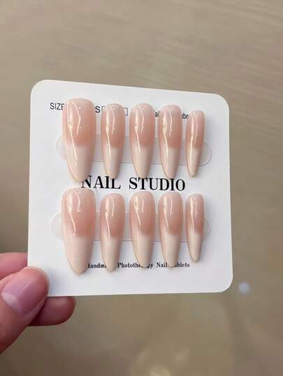 10片/盒 Y2K 手工长杏仁乳白色渐变法式美甲贴片，加厚美甲贴片，包含1瓶果冻胶和1个指甲锉，适合女性和女孩日常派对使用。