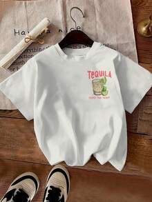 Camiseta de mujer con estampado de frutas de tequila - Camiseta casual de manga corta y cuello redondo, decorada con motivos de tequila, lima, hoja de tequila y cactus, suave y cómoda, diseño corto adecuado para el verano, ropa temática lavable a máquina. - Blanco - Ver 2