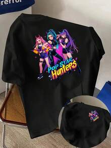 Pop Star Hunters, Anime Style Print T-Shirt, Short Sleeve, Round Neck, Casual Spring Summer Top, Women's Clothing Y2k, T-Shirt - 黑色 - 查看 1