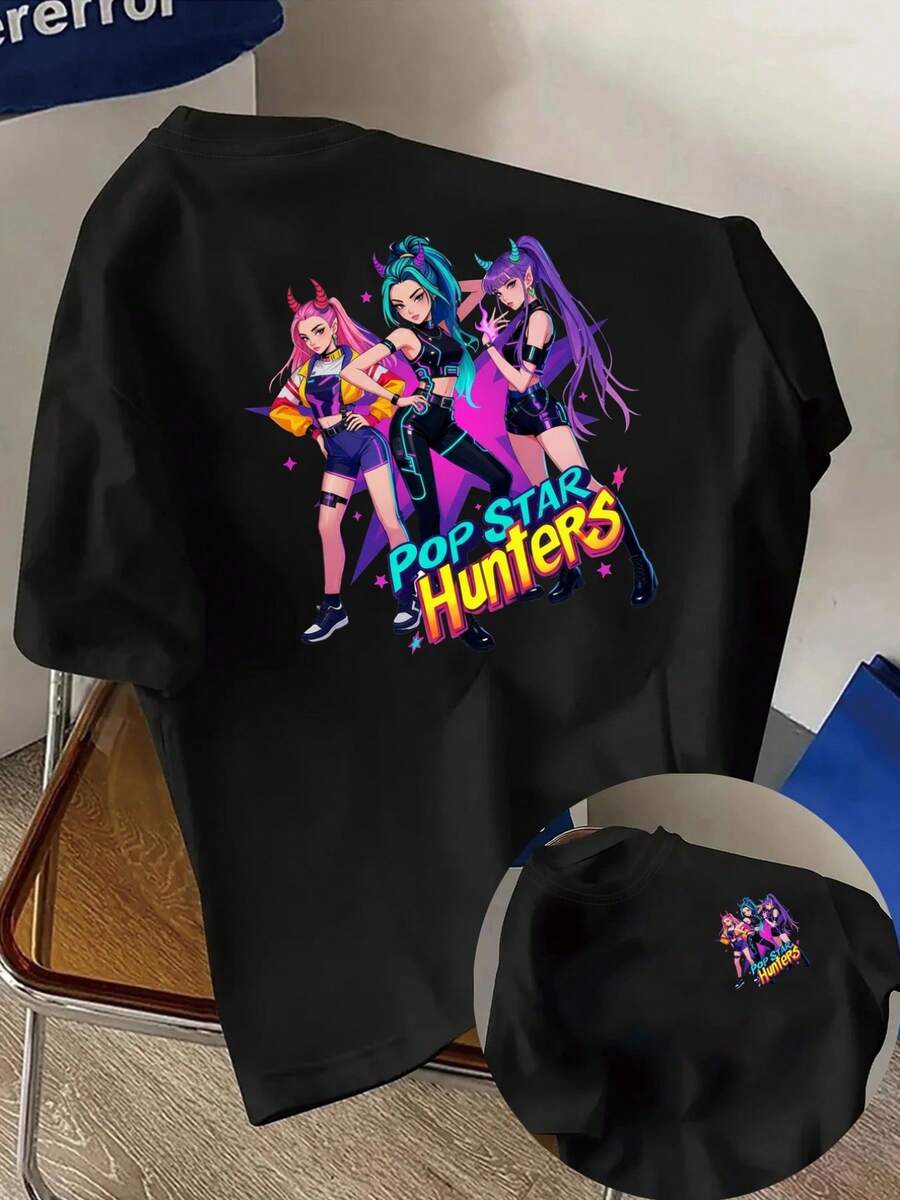Pop Star Hunters, Anime Style Print T-Shirt, Short Sleeve, Round Neck, Casual Spring Summer Top, Women's Clothing Y2k, T-Shirt - 黑色 - 查看 1