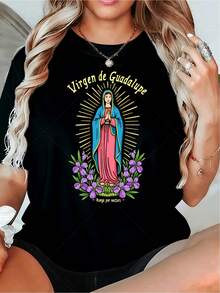 Camiseta de oración de la Virgen de Guadalupe para mujer, adecuada para personas de habla hispana, ideal para la misa y el uso diario, regalo religioso, top de cuello redondo para primavera, verano y otoño, ropa casual, atuendo festivo para fiestas de adultos, ropa para celebraciones de temporada. - Negro - Ver 1