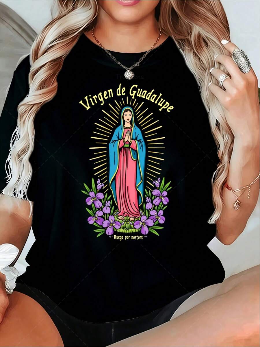 Camiseta de oración de la Virgen de Guadalupe para mujer, adecuada para personas de habla hispana, ideal para la misa y el uso diario, regalo religioso, top de cuello redondo para primavera, verano y otoño, ropa casual, atuendo festivo para fiestas de adultos, ropa para celebraciones de temporada. - Negro - Ver 1
