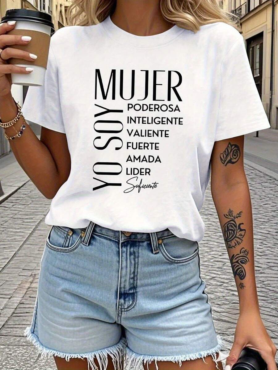 Women's Spanish Graphic T-Shirt "I Am A Powerful, Intelligent, Brave, Fiery, Loved, Enough Leader" - Casual Short Sleeve Crew Neck T-Shirt With Bold Black Print, Lightweight Spring/Summer T-Shirt For Daily Wear And Festive Occasions, Party Outfit, Bold Statement T-Shirt, Comfortable Fit T-Shirt, Lime Green Women's Clothing - 白色 - 查看 1