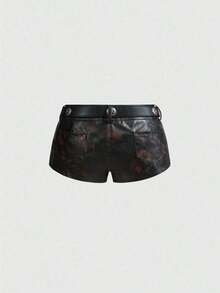 Pantalones cortos de tiro bajo con estampado animal de piel sintética de parche de estilo hippie vintage "Millennium Babe" para mujeres - Negro - Ver 2