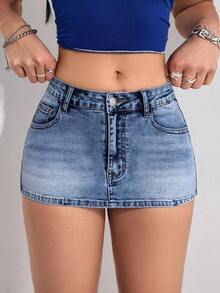 Minifalda vaquera sexy para mujer, de verano - Azul lavado medio - Ver 8