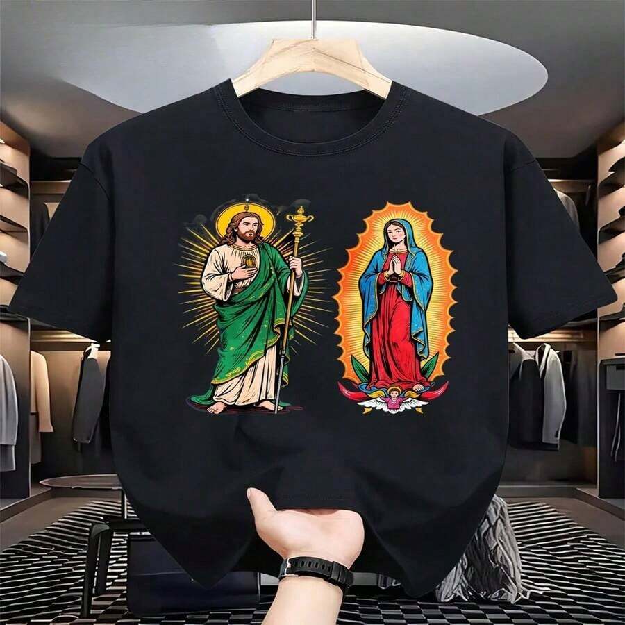 Women's 100% Cotton T-Shirt, Round Neck, Short Sleeve With Jesus Print - Vintage Urban Style, Unisex, Loose Fit, Cotton, Round Neck, Short Sleeve, Women's Blouses, Women's T-Shirts, Casual Blouses For Ladies. - 黑色 - 查看 1