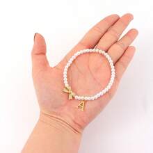 1pc New Stainless Steel Letter & Bow Beaded Chain Bracelet For Women - White - View 3