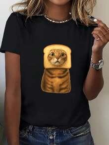 Camiseta de Talla Grande para Mujer con Estampado Divertido de Gato y Tostada - Top Casual para Uso Diario, Ligera y Transpirable, No Deja Rastro de Ropa Interior, Blanca para Uso en Casa en Verano, Camiseta de Manga Corta para Mujer Lavable a Máquina. Camisetas Gráficas de Verano para Mujer, Camiseta Casual Estampada para Mujer, Manga Corta y Cuello Redondo, Moda Urbana Local de Primavera/Verano. - Negro - Ver 3