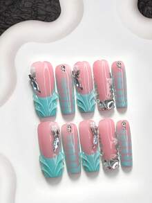 10片溫柔風手工穿戴甲，Polygel美甲套組，小花設計，不對稱平底水鑽裝飾，水滴形，藍色指甲油，活力風格，附美甲工具，3種尺寸可選，杏仁形、鴨嘴形、棺材形，適合派對、舞蹈、日常穿戴 - 彩色 - 查看 14