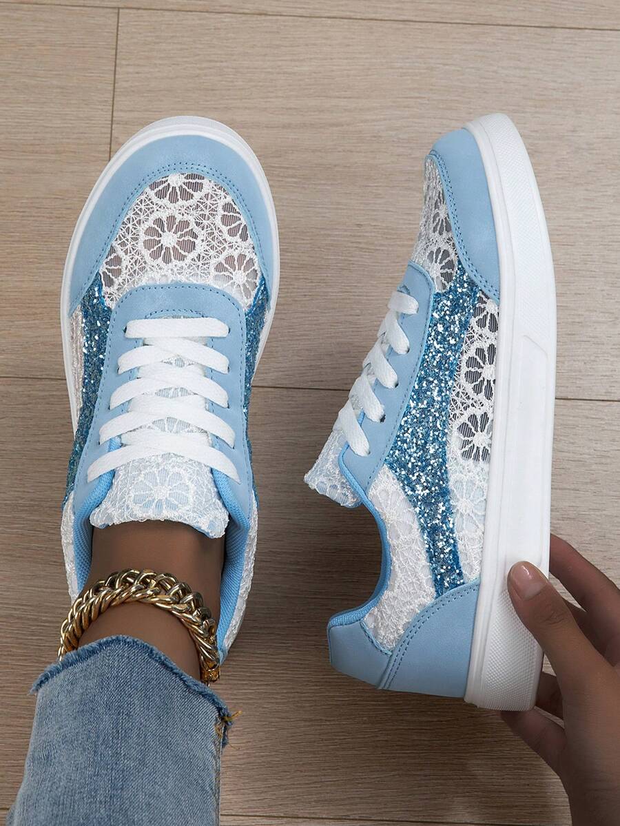 Summer New Lace Patchwork Breathable Comfortable Round Toe Lace-Up Light Blue Canvas Sneakers, Fresh College Style Sports Shoes For Women - Baby Blue - View 1