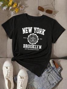 Women's Casual Brooklyn New York Graphic Print Black Short Sleeve Round Neck-Shirt Streetwear Style blusas para mujer playeras de mujer blusas casuales para dama - Negro - Ver 3