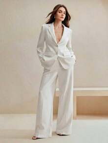 Conjunto de traje de mujer, blazer de unicolor estilo vintage + pantalones rectos, 2 piezas - Blanco - Ver 9