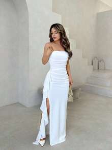 Vestido de dama de honor de boda de verano, vestido largo blanco con pliegues, abertura alta, volantes y tiras para fiesta, sin mangas y sin tirantes, sexy - Blanco 2 - Ver 7