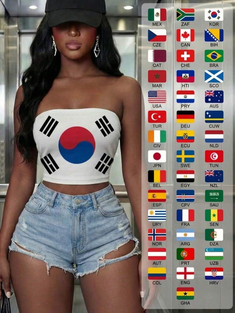 Women's Korea Flag Print Strapless Backless Cropped Top, Casual Sporty Style, Suitable For Summer, Spring, Football Matches, World Cup - South Korea - View 1
