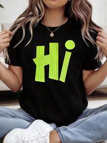 Women's 180g T-Shirt With "Hi" Urban Style Print, Unisex T-Shirt, Warm And Maternal Style, Suitable For Music Festivals, Urban Outings, Parties And Photo Shoots With Friends, Casual Short-Sleeved Clothing For Women. - 黑色 - 查看 7