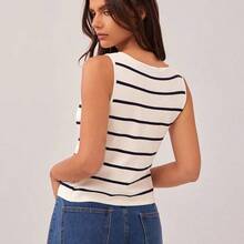Boatneck Button Front Split Hem Fitted Sleeveless Striped Cardigan Knit Top Spring, Resort Wear, Summer, Festival, Country Music Concert Outfit, Western Wear For Women, Casual, Cute, Boho, Vacation, Beach - Amarillo - Ver 6