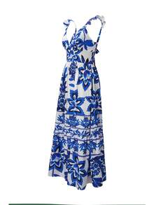 Amore Women's Summer Blue And White Tropical Flower Pineapple Printed Strap Top Long Dress With V-Neck And Ruffle Edge, Cinched Waist For Slimming, Suitable For Beach, Island, Beach, Travel Check-In, Vacation, Light Party, Tropical Style Dressing, Summer Dress,Festival Dresses,Elegant Dresses For Party,Wedding Guest Dress For Women,Beach Dress,Casual Dresses For Women,Vacation Outfits Women - Blue and White - View 6