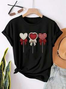 Camiseta Deportiva Casual de Talla Grande para Mujer, 100% Algodón, Diseño de Piruleta en Forma de Corazón, Cuello Redondo, Cómoda y Holgada, Transpirable, 100% Algodón - Negro - Ver 2