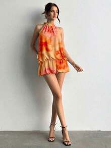 casual de verano para mujer con cuello halter, unicolor y volantes en el bajo - Naranja - Ver 9