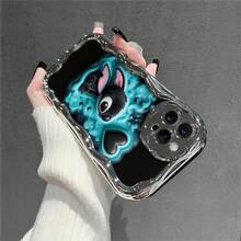 Disney Lilo & Stitch Phone Case, Cartoon Art Protective Cover. Compatible With IPhone 17, 16, 15, 14, 13, 12, 11 Pro Series, Featuring Plush Stitch With A Black Heart And Starry Accents On A Teal And Black Background, Perfect For Animation Fans, Ideal For Birthdays, Holidays, Anniversaries, Graduation Gifts, Or Any Special Occasion To Surprise Family, Friends, Classmates, And Loved Ones. - 銀色 - 查看 3