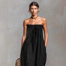 2026 European And American Spring/Summer New Cotton-Linen Blend Simple Strapless Tube Top Jumpsuit - Green - View 3