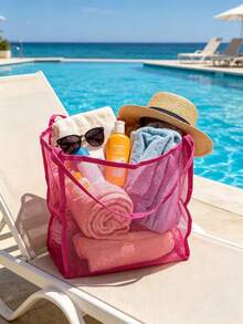 Bolsa de playa de malla de gran capacidad, de poliéster duradero, de unicolor con asas resistentes, adecuada para viajes, vacaciones y camping | Solución de almacenamiento multifuncional, asas reforzadas, malla transpirable y de secado rápido, adecuada para artículos húmedos y uso diario - Multicolor - Ver 2