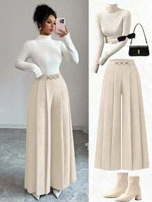 Nuevos pantalones casuales y elegantes para mujer con cintura alta, cremallera lateral, diseño de botones decorativos y pierna acampanada, adecuados para primavera y otoño - Albaricoque - Ver 3