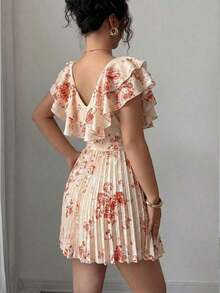 Vestido elegante y romántico para vacaciones con cuello en V con volantes, cintura ceñida y estampado de lunares en forma de línea A para mujeres - Multicolor 5 - Ver 2