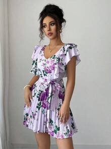 Vestido elegante y romántico para vacaciones con cuello en V con volantes, cintura ceñida y estampado de lunares en forma de línea A para mujeres - Multicolor 9 - Ver 5