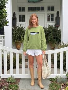 Pullover Rajut Jacquard Motif Ikan Estetik Lucu untuk Wanita, Sweater Kasual Longgar Lengan Panjang Raglan Leher Gulung untuk Musim Gugur - Lime Green - View 6