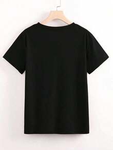 Blusa de manga corta con cuello redondo y estampado de leopardo y cerezas para mujer de talla grande - Negro - Ver 2